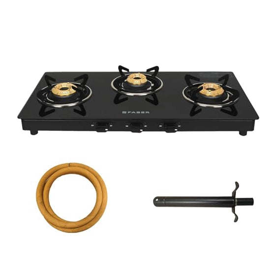 Faber 3 Burner Daisy Pro Cooktop | Free Hose Pipe & Piesco Lighter| Black Glass Top | Powder Coated Pan Support | Manual Ignition | Brass Burners | Cooktop Daisy PRO 3BB | 2 Yrs Comprehensive Warranty