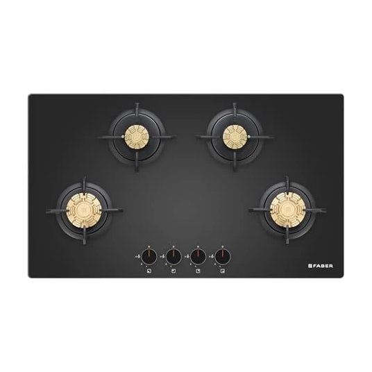 Faber 4 Burner 90cm Hob |Auto-Ignition| HOB PRIME HT904 CRS BR CI AI |Metal Knobs| Cast Iron Pan Support|Hob/Cooktop Hybrid|Black Glass Finish |5 Yrs Warranty on Glass,Valve & 2 Yrs on Burner by Faber