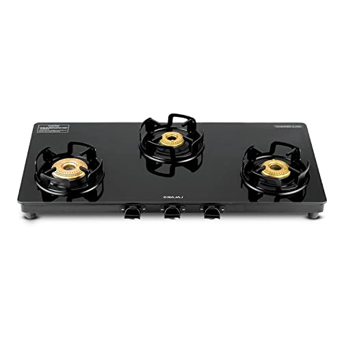 Bajaj Gp4 Powder Coated Slim Glasstop Gas Stove, 3 Burner With 1 Jumbo Burner, Black