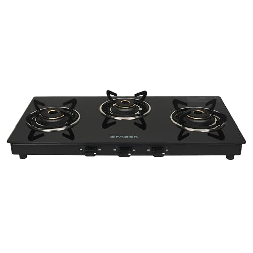 Faber Tempered Glass 77Cm 3 Burner Sleek Cooktop 6Mm Toughened Black Er Burners Powder Coated Pan Support Nylon Knobs Spill Proof Valve Protection Cap Mist 3Bb Aura