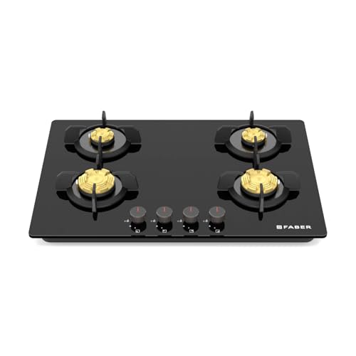 Faber 4 Burner 78cm Hob |Auto-Ignition| HOB PRIME HT784 CRS BR CI AI |Metal Knobs| Cast Iron Pan Support|Hob/Cooktop Hybrid|Black Glass Finish |5 Yrs Warranty on Glass,Valve & 2 Yrs on Burner by Faber