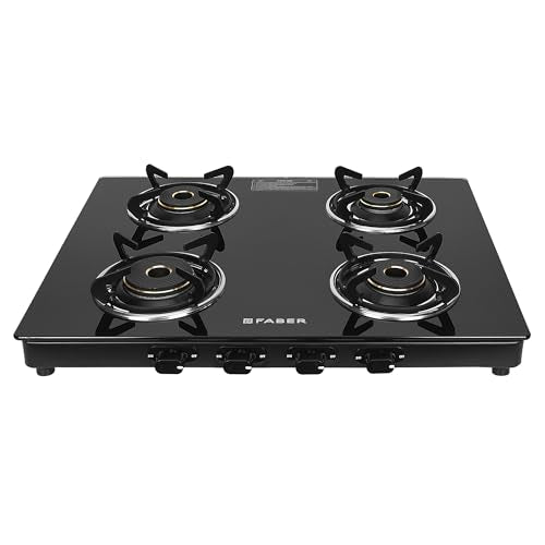 Faber 4 Burner Sleek Cooktop|6mm Toughened Black Glass|Designer Burners|Powder Coated Pan Support|Nylon Knobs|Spill Proof|Valve Protection Cap|COOKTOP JAWA 4BB AURA, Black