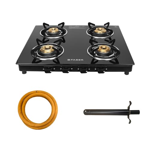 Faber 4 Burner Daisy Pro Cooktop | Free Hose Pipe & Piezo Lighter | Black Glass Top | Powder Coated Pan Support | Manual Ignition | Brass Burners | Cooktop Daisy PRO 4BB | 2 Yrs Comprehensive Warranty