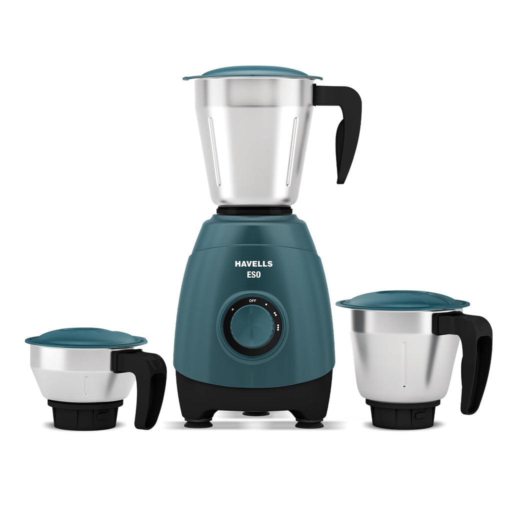 Havells ESO 750 watts 3 JAR Mixer Grinder, 304 SS Blades, High Speed 21000 RPM motor, Heavy and Wider mouth SS Jars, All Jars with Handle, 2 Year Product & 5 Year Motor Warranty (Teal) | ABS