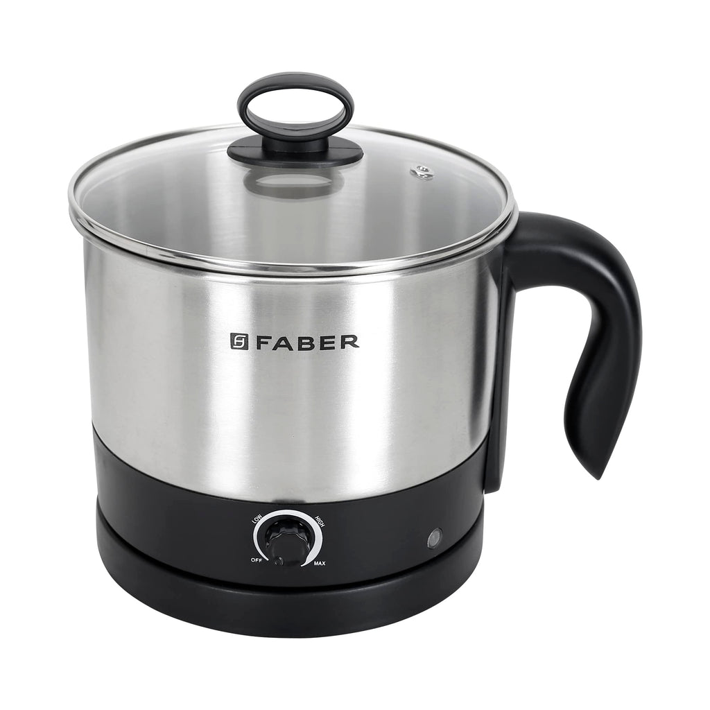 Faber 600W 1.2 liter Multi Cooker | Multifunctional Hot Pot | Cook Noodles, Rice, Soup, Baby Food, Boil Veggies & Eggs | Temperature Control, Auto-Cut Off | SS304 Body, Glass Lid, Boiler Stand | (SS)