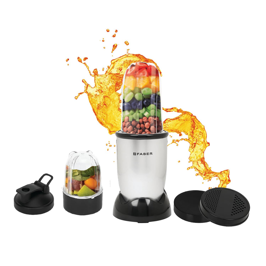 Faber 2-in-1 Sportz Blender | Smoothie & Grinding Jar (Wet & Dry) | ABS Body, Detachable SS Blades, 400W Motor, 1 Sipper Cap & 3 Lids, 2 Spill Proof Jars | (Silver)