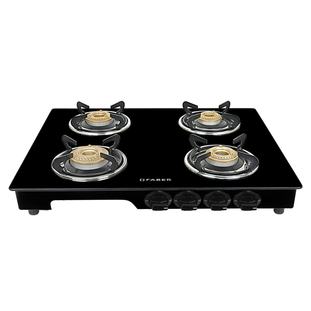 Faber Glass Top 4 Burner Gas stove with Jumbo Burner, Powder Coated Pan Support (HOB COOKTOP MAGIC 4BB BK) Manual Ignition, Black