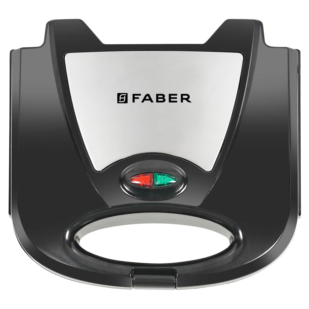 Faber 750W DLX Sandwich Grill Toaster | Grill, Toast & Heat | 2 Slice Slots, Power & Ready Lights, Auto Shut-Off, Cord Storage, Antiskid Feet | Non-Stick Coated Plates for Easy Cleaning | (Black + SS)