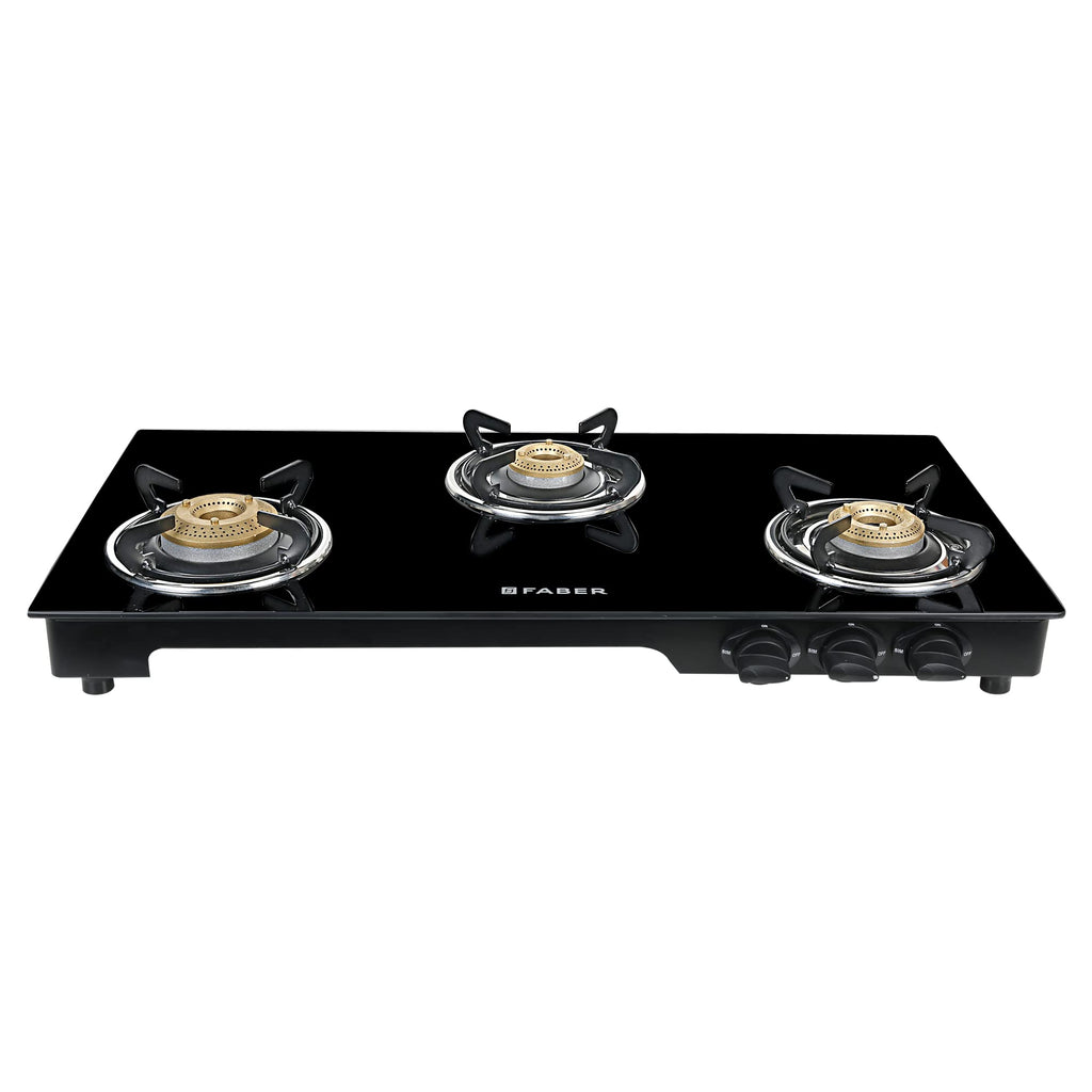 Faber Glass Top 3 Burner Gas stove with Jumbo Burner, Powder Coated Pan Support (HOB COOKTOP MAGIC 3BB BK) Manual Ignition, Black