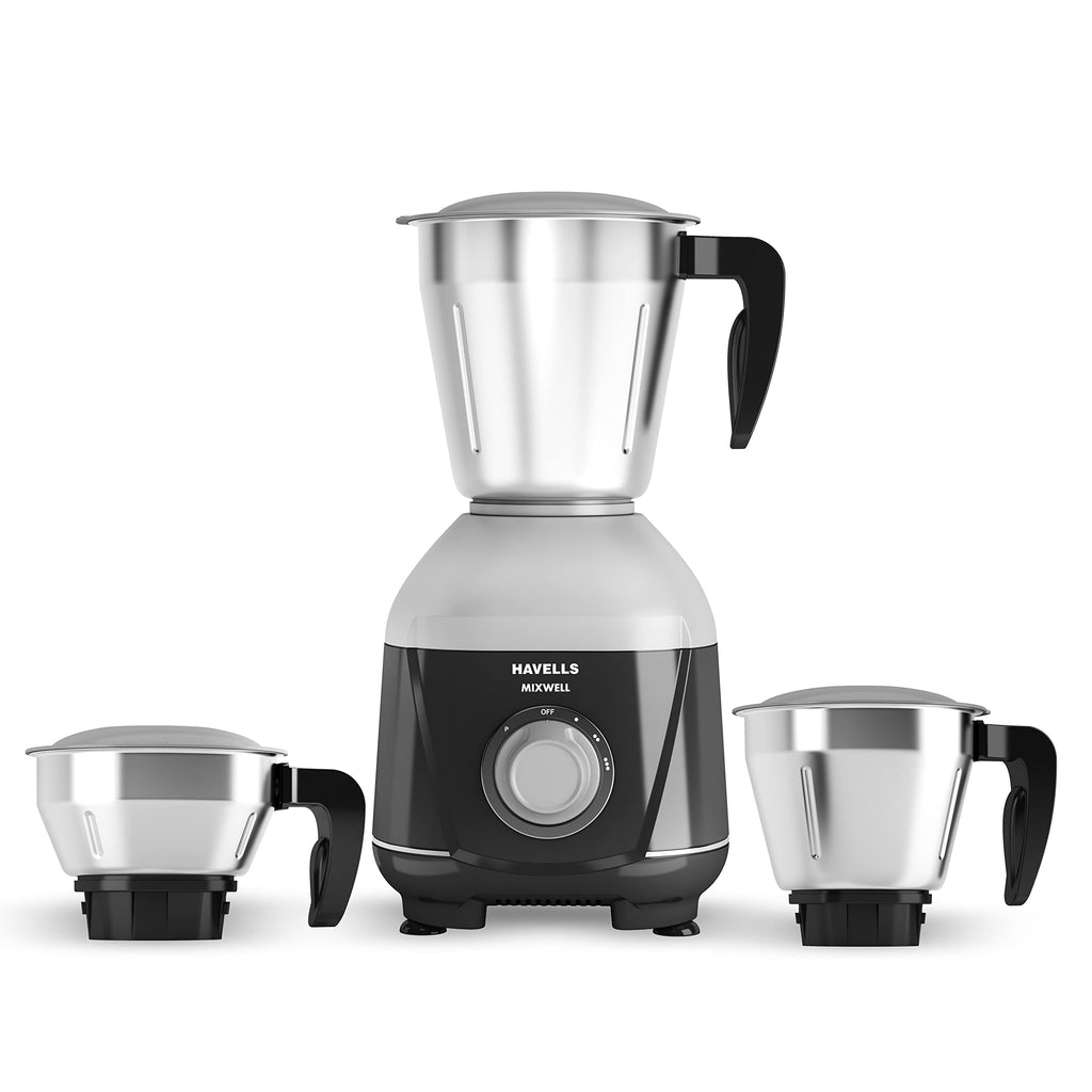 Havells MIXWELL 500 W 3 Jar Mixer Grinder, 304 SS Blades I High Speed 21000 RPM Motor, Heavy and Wider mouth SS Jars, All Jars with Handle (Black and Grey)