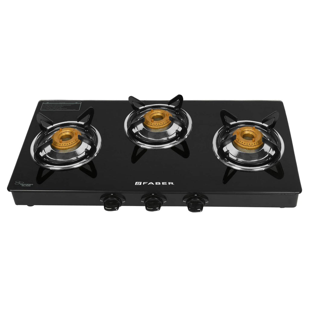 Faber Glass Top 3 Burner Gas Stove with Powder coated Pan Support (Hob Cooktop Daisy 3BB BK),2 Medium & 1 Small,Manual Ignition, Black