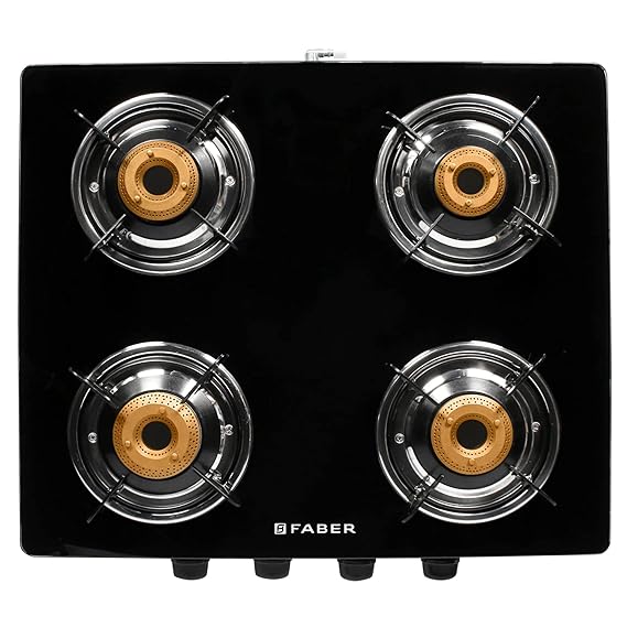 Faber Glass Top 4 Burner Gas Stove with Powder Coated Pan Support (Hob Cooktop Daisy 4BB BK),2 Medium & 2 Small,Manual Ignition, Black
